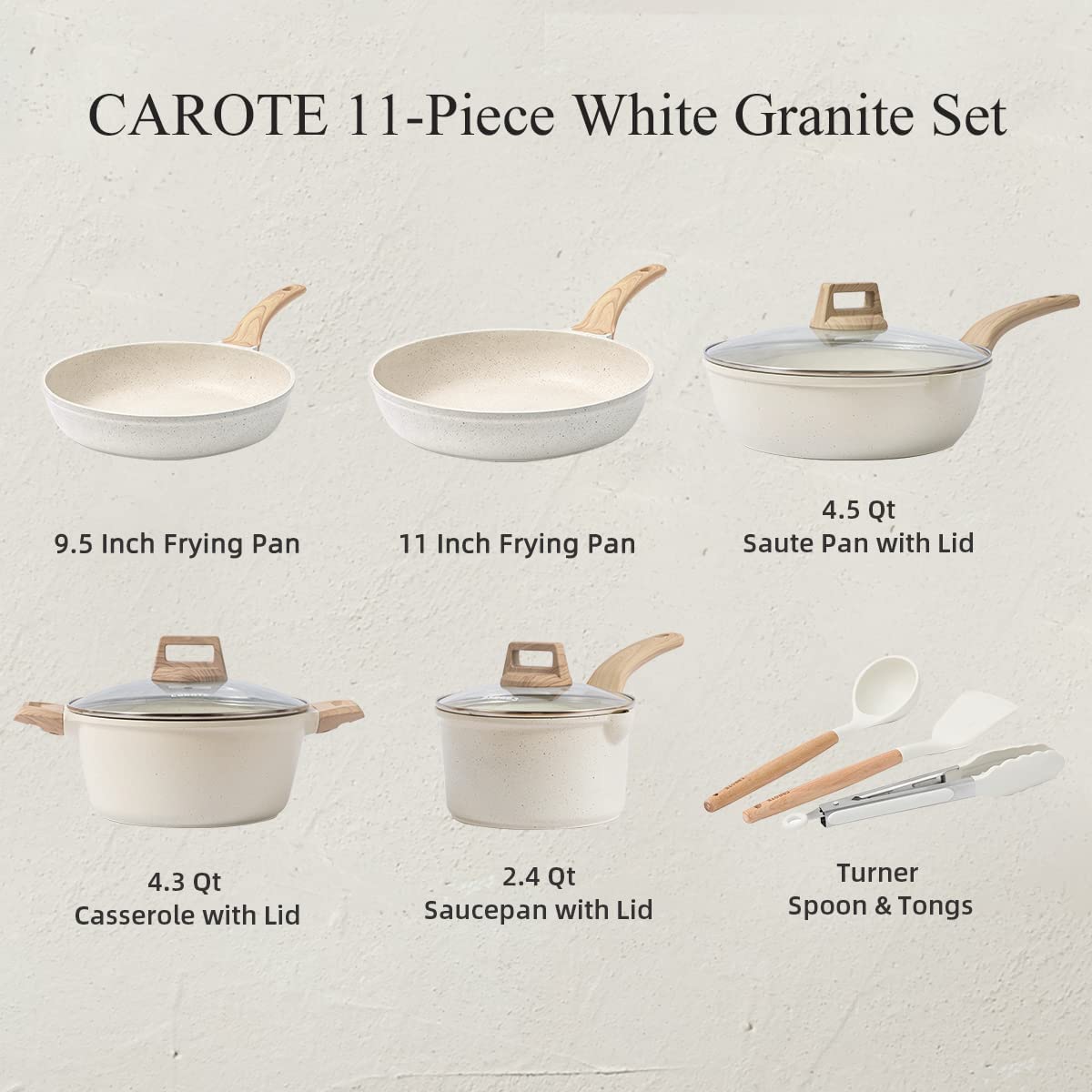 CAROTE Juego de ollas y sartenes antiadherentes, de granito blanco, de inducción, 8 piezas esenciales de cocina con sartenes y cacerolas (PFOS, libre de PFOA)