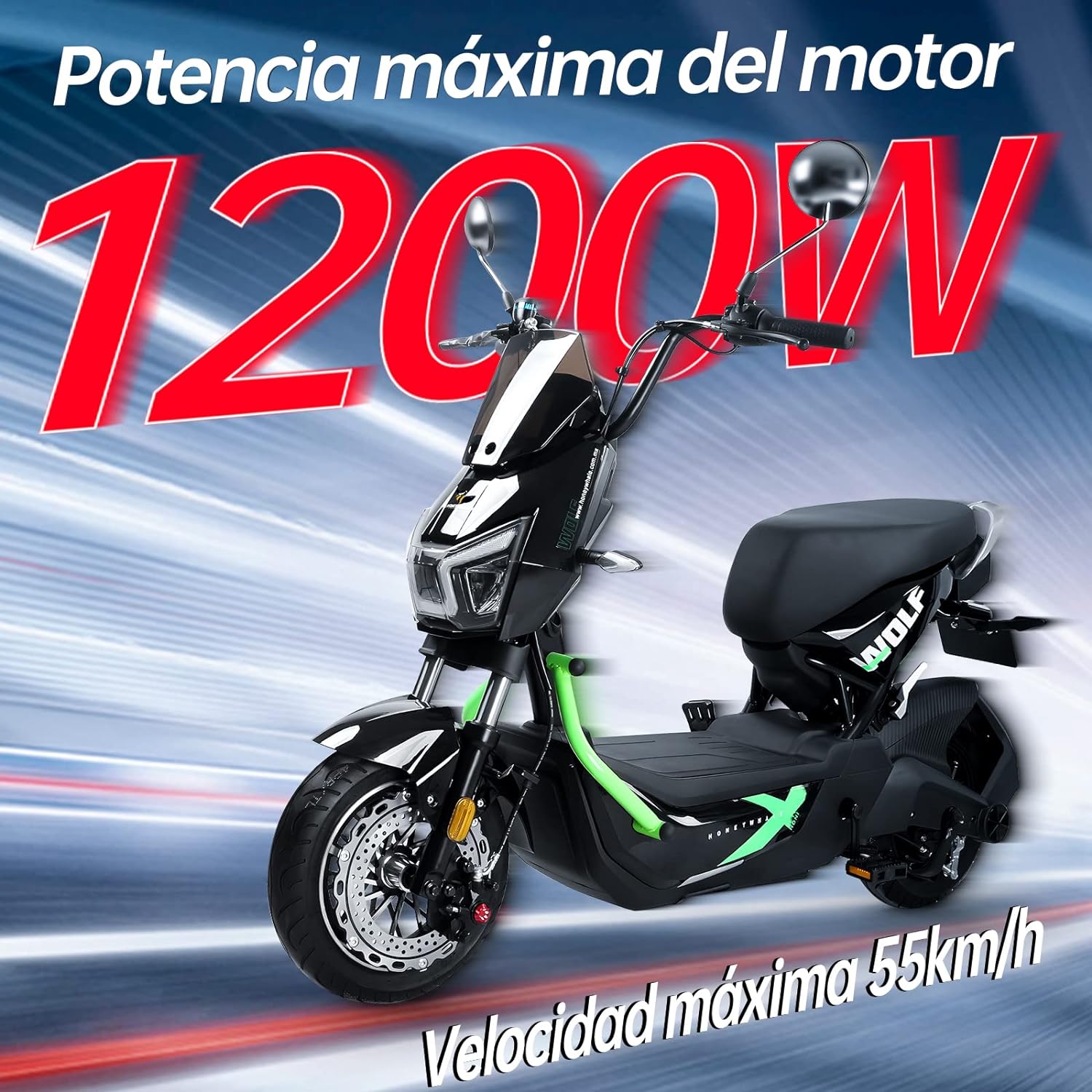 HONEYWHALE ZL-Wolf Bicicleta Electrica para Adultos, Bicimoto Eléctrica con Alarma, Máxima del Motor 1200W, Velocidad Máxima 55KM/H, Autonomía 50-55KM, Batería (72V, 20AH), Emite 7 Colores de luz