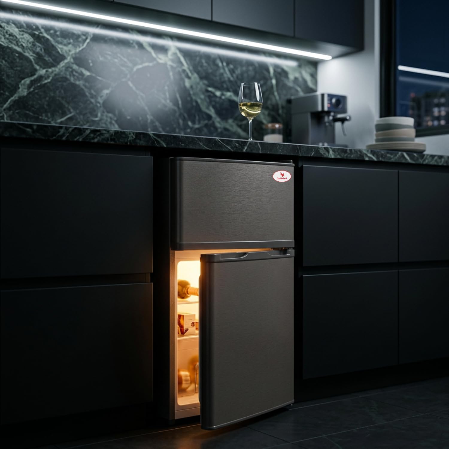 JOLBIRD Frigobar Minibar 80L con Congelador Compacto Silencioso Temperatura Ajustable Bajo Consumo 110V Ideal para Oficina Recámara Hotel y Negocio Enfriador de Bebidas y Alimentos (Negro)