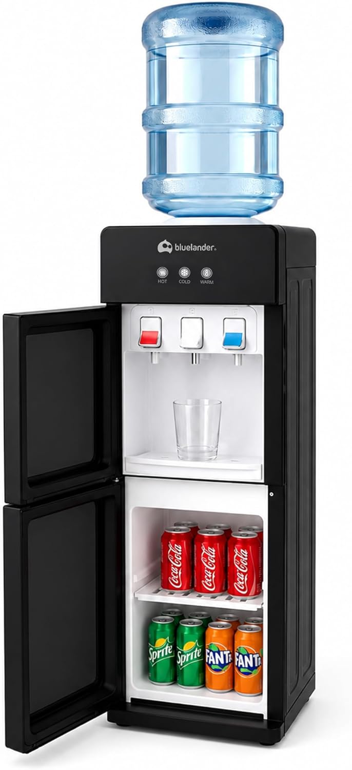 Bluelander Dispensador de Agua Garrafón 28 * 26 * 89 cm, 3 Ajustes de Temperatura (Fría, Caliente, Tibia), Despachador de Agua con Grifos Metálicos, Gabinete de Almacenamiento (Negro)