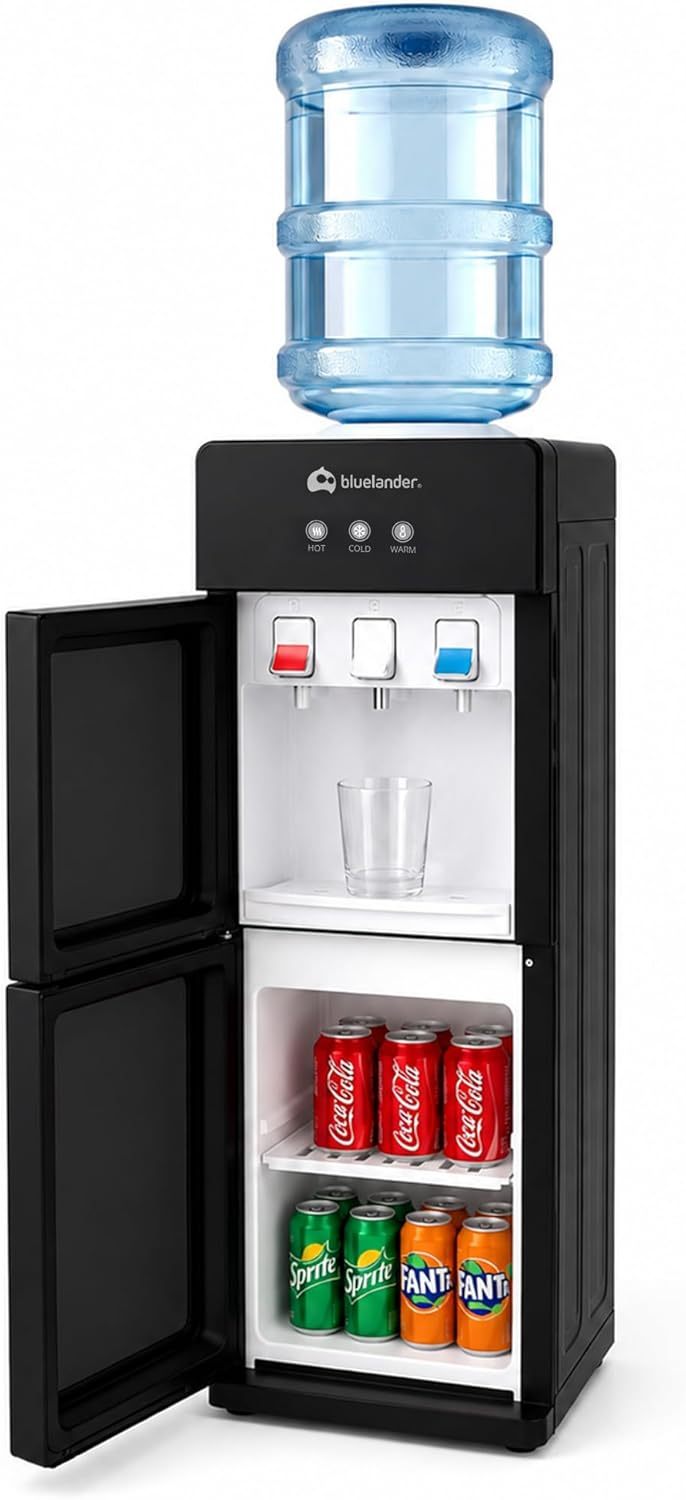 Bluelander Dispensador de Agua Garrafón 28 * 26 * 89 cm, 3 Ajustes de Temperatura (Fría, Caliente, Tibia), Despachador de Agua con Grifos Metálicos, Gabinete de Almacenamiento (Negro)