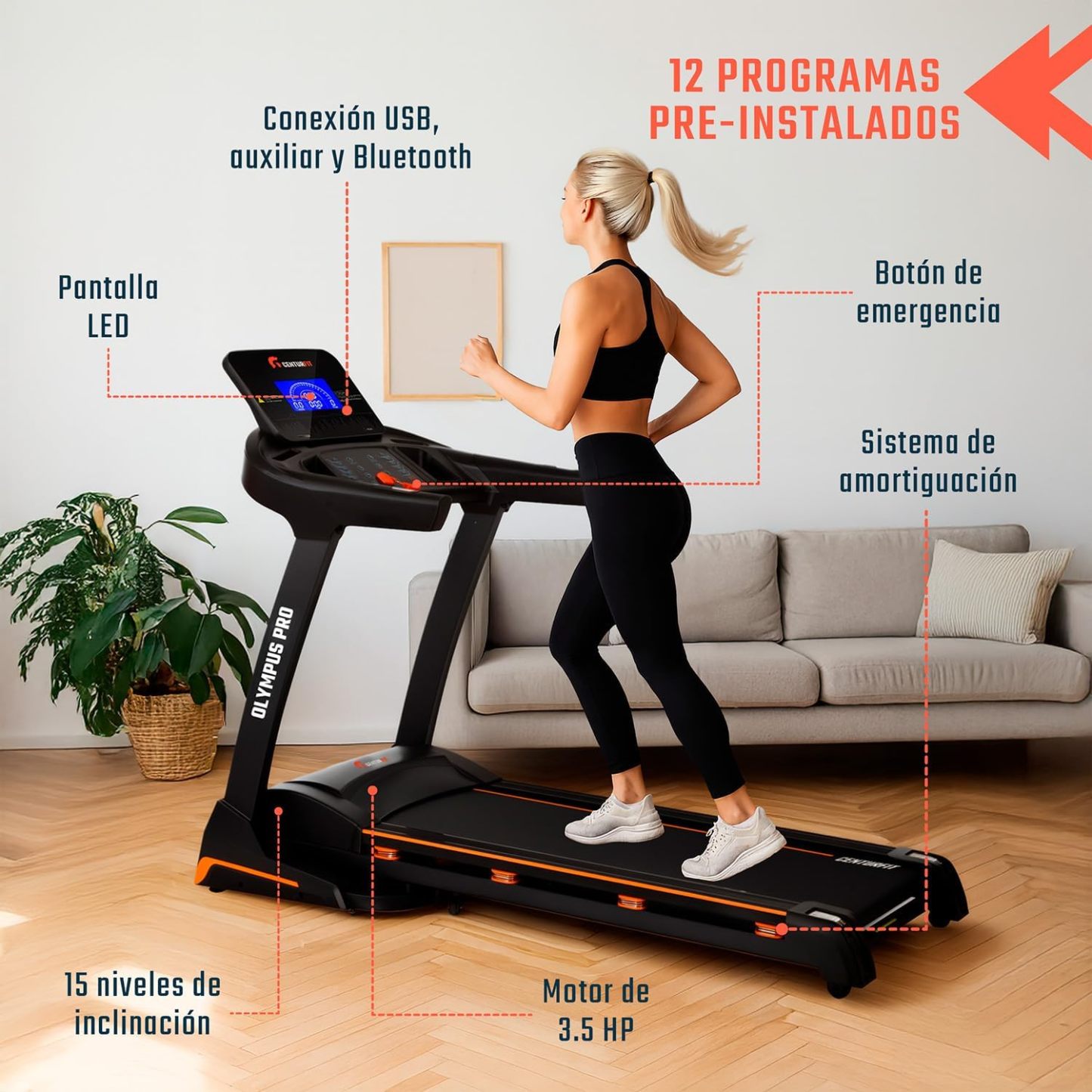 CENTURFIT Caminadora Profesional 3.5 HP Plegable con Inclinación 15 Niveles Superficie 135X48 Cm Pantalla Digital con Bluetooth Y 12 Programas Velocidad 1-18 Km/H Capacidad 140 Kg Gimnasio En Casa