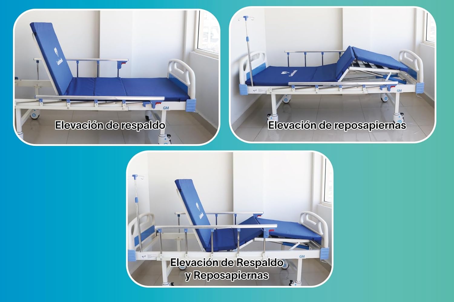 Gambimedic Cama Hospitalaria Manual Dos Manivelas Incluye Colchon Mesa Barandal Y Portasuero Cama De Hospital Reclinable para Casa Y Pacientes