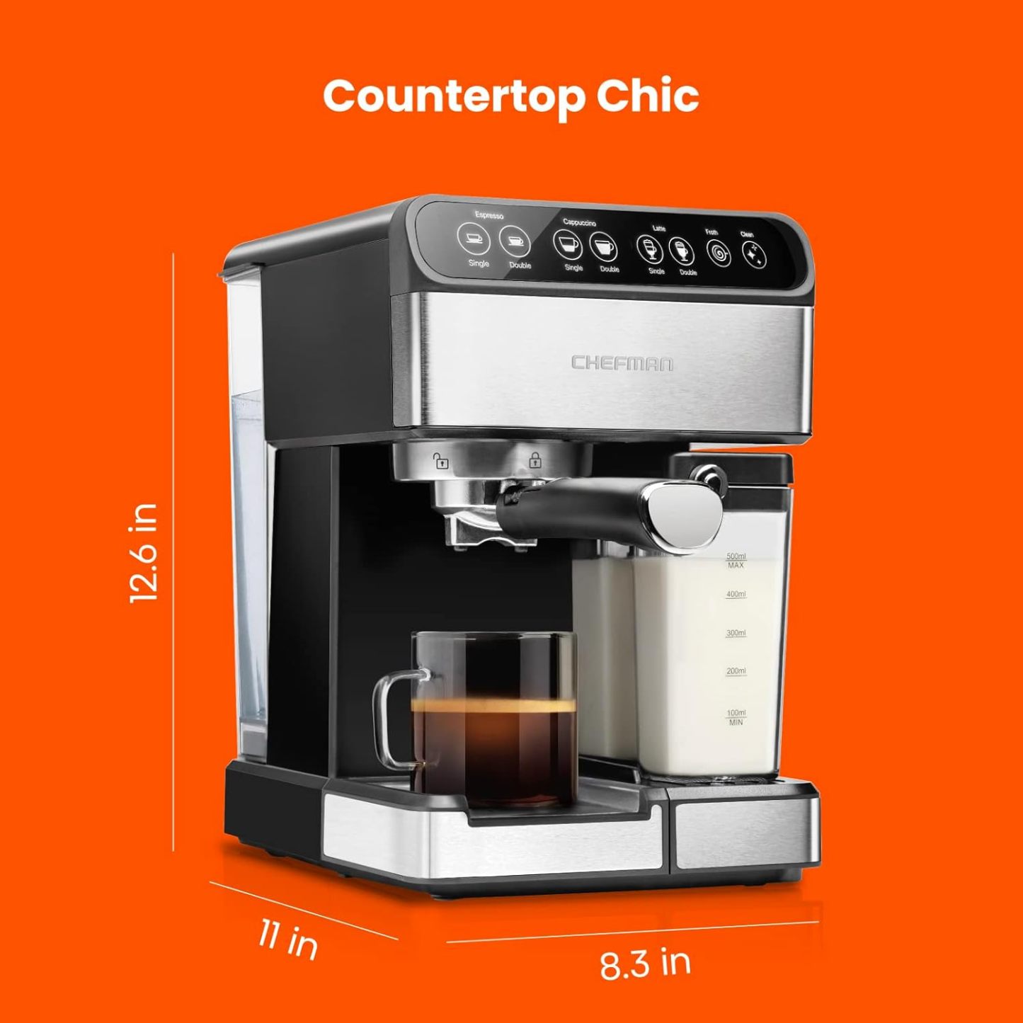 Chefman - Máquina de café espresso , Prepare espresso, capuchinos, lattes y más con calidad de una cafetería, depósito de agua de 1,8 litros, acero inoxidable
