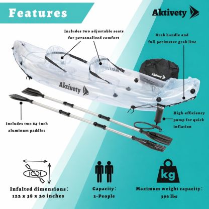 Clear Kayak - Tándem Inflable Transparente De 2 Plazas Para Dos Adultos - Estilo Translúcido - Set Completo Con Asientos Ajustables, Bomba, Remos, Bolsa De Transporte Y Aleta De Seguimiento