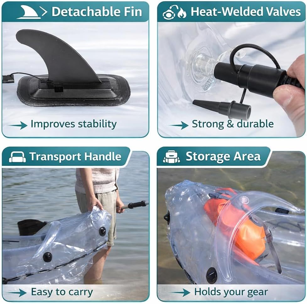 Clear Kayak - Tándem Inflable Transparente De 2 Plazas Para Dos Adultos - Estilo Translúcido - Set Completo Con Asientos Ajustables, Bomba, Remos, Bolsa De Transporte Y Aleta De Seguimiento