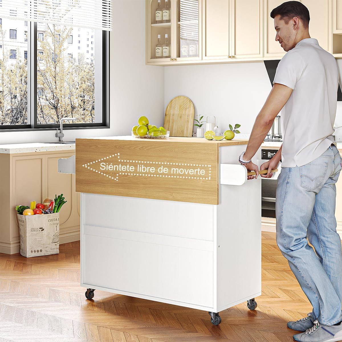 Isla de Cocina Móvil Multifuncional con Ruedas - Abatible,Organizador Integrado Gabinetes,Cajones,Especiero,Toallero Mesa Auxiliar,Almacenamiento Compacto Color de Relieve Blanco