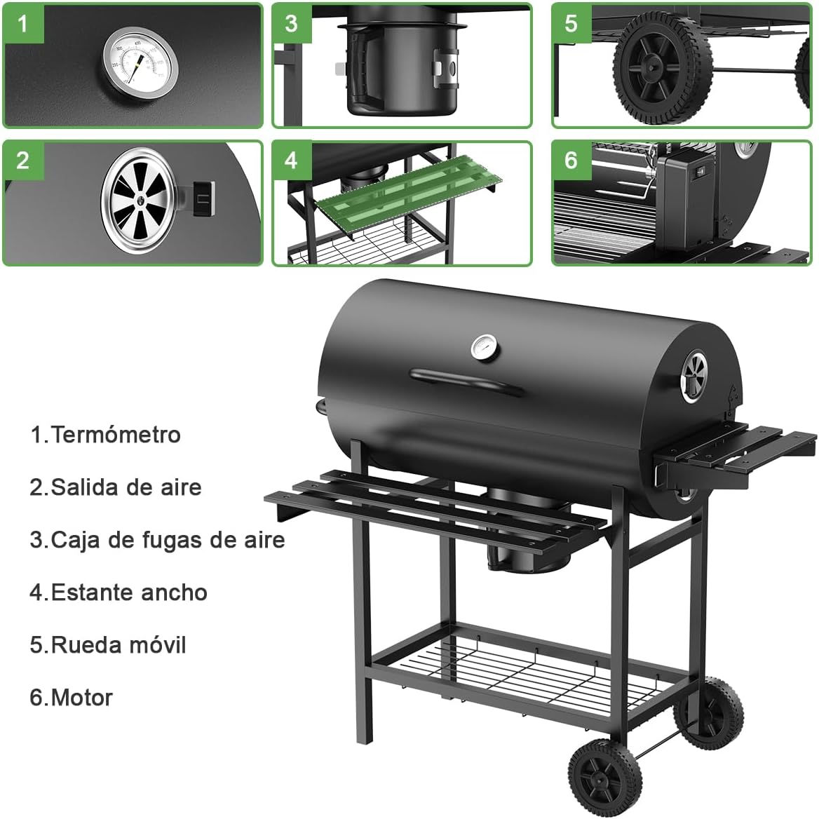 MXLENOBLE Asador de Carbon con Rotación Eléctrica,MXLENOBLE Parrilla de Carbón con temperatura controlada en Forma de Barril (Rotación-Grande - horno individual)
