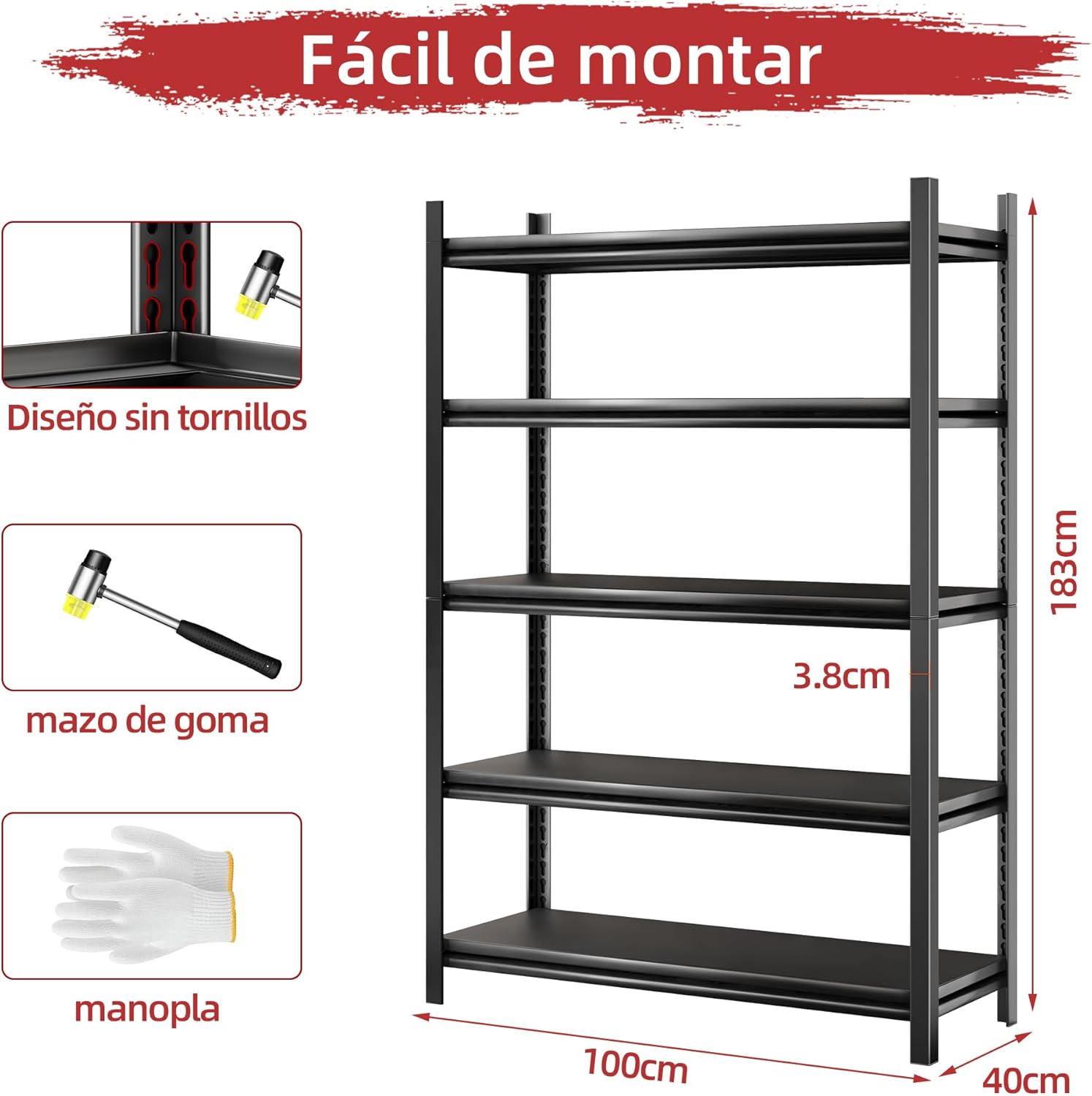 NETEL Anaquel Metalico 5 Niveles, Estantería de Garaje, Estanteria Metalica, Estante de Acero para Cargar Pesadas, Estantería Multifuncional Desmontable, 90 W x 40 D x 183 H cm, Negro