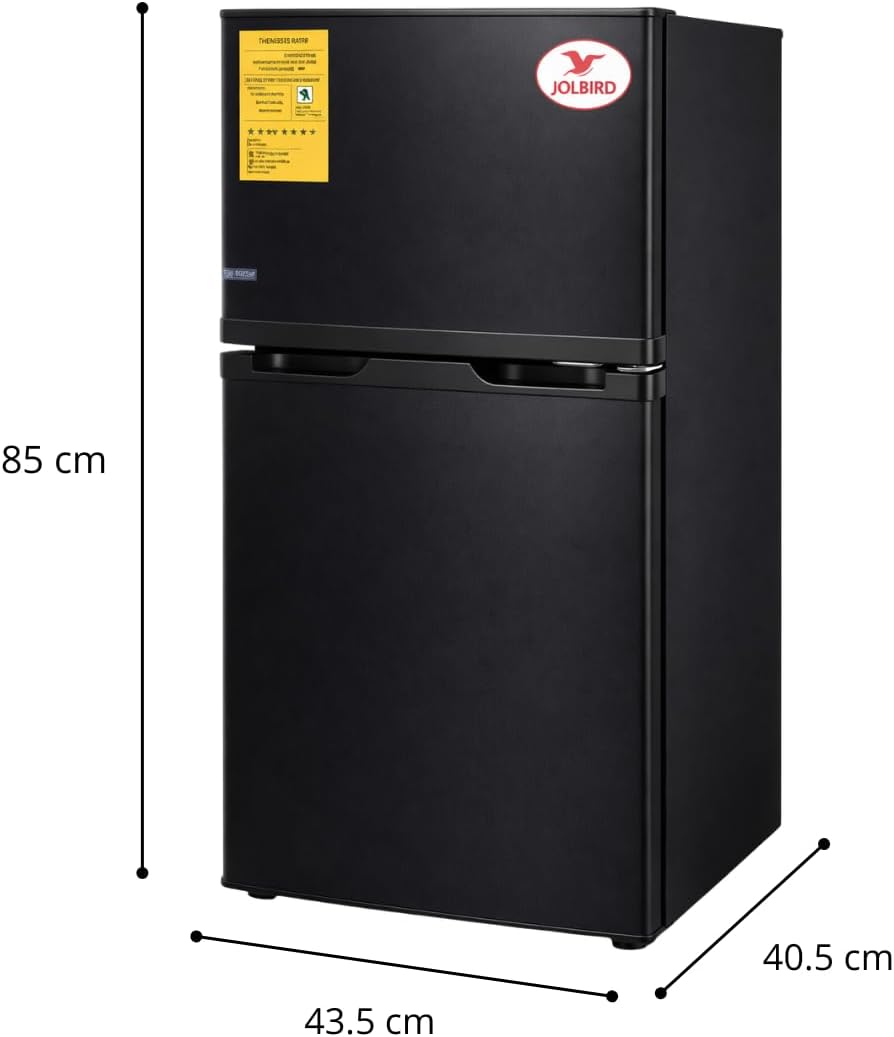 JOLBIRD Frigobar Minibar 80L con Congelador Compacto Silencioso Temperatura Ajustable Bajo Consumo 110V Ideal para Oficina Recámara Hotel y Negocio Enfriador de Bebidas y Alimentos (Negro)