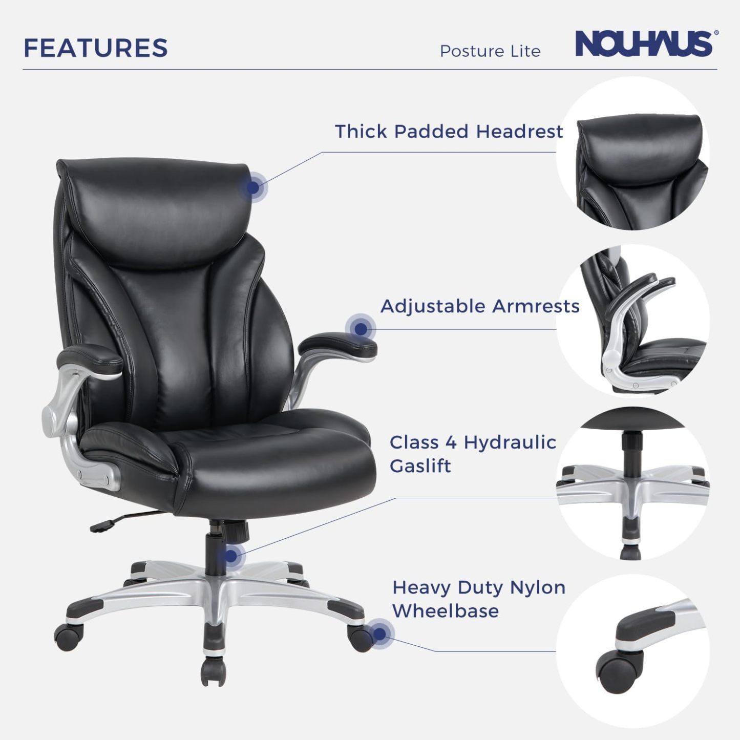 Nouhaus - Silla de oficina grande y alta con soporte lumbar, silla de oficina ergonómica de piel sintético, silla de computadora ejecutiva con reposabrazos ajustables (Posture Lite, blanco)