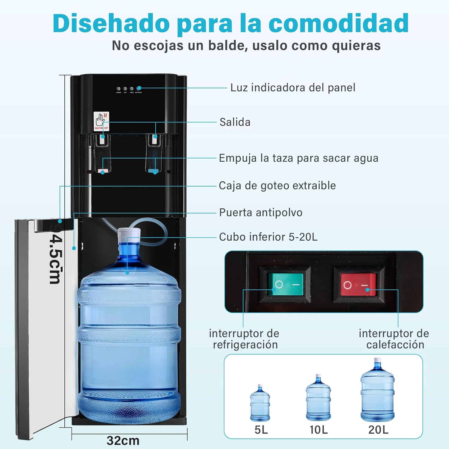 Ykioea Dispensador de Agua con Garrafón Oculto, Dispensador de Agua Fria y Caliente, Enfriador de Agua, Bloqueo de Seguridad, para Hogar Oficina, Dormitorios