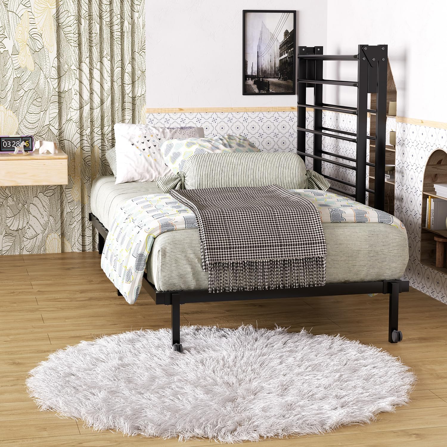 HOMEMAKE FURNITURE Marco de Cama de Metal, Cama Individual Plegable, Somier Individual Base de Cama, No Necesita Somier, Ahorra Espacio Almacenamiento, Negro