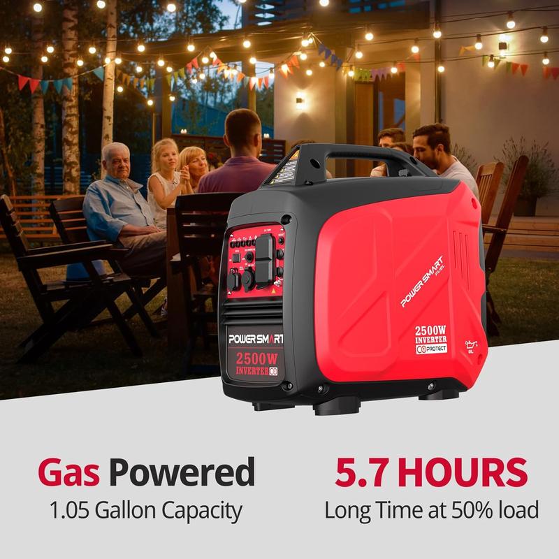 Generador de gasolina con inversor Powersmart de 2500 W (preparado para tormentas), generador portátil de 17,7 kg (39 libras) apto para caravanas, con capacidad de conexión en paralelo, silencioso para uso doméstico, camping, bajo consumo de combustible,
