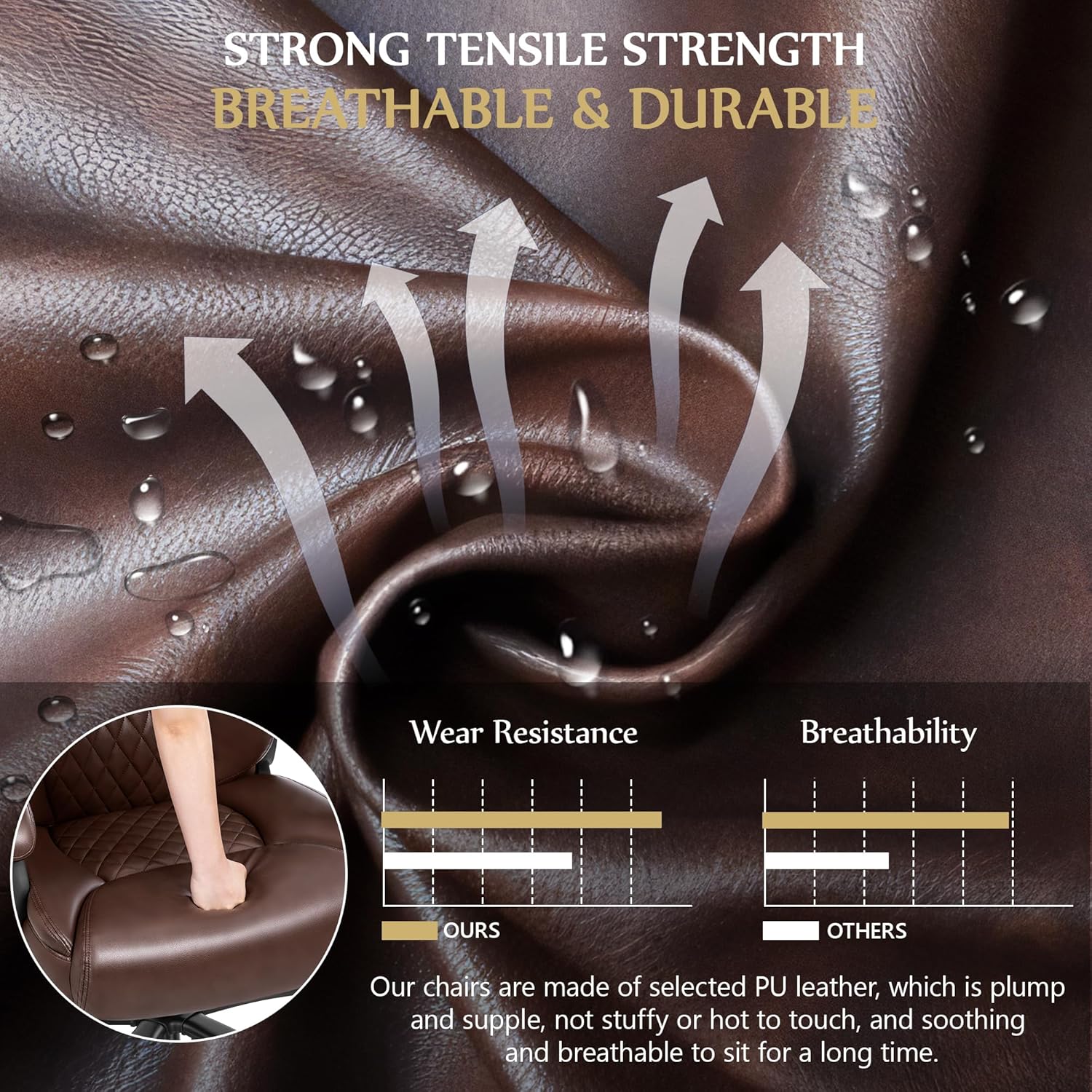 HeroSet - Silla de oficina grande y alta de 500 libras, silla de computadora ejecutiva resistente con soporte lumbar ajustable, cómodo cojín acolchado, silla ergonómica de piel sintética con asiento