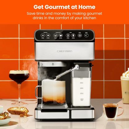 Chefman - Máquina de café espresso , Prepare espresso, capuchinos, lattes y más con calidad de una cafetería, depósito de agua de 1,8 litros, acero inoxidable