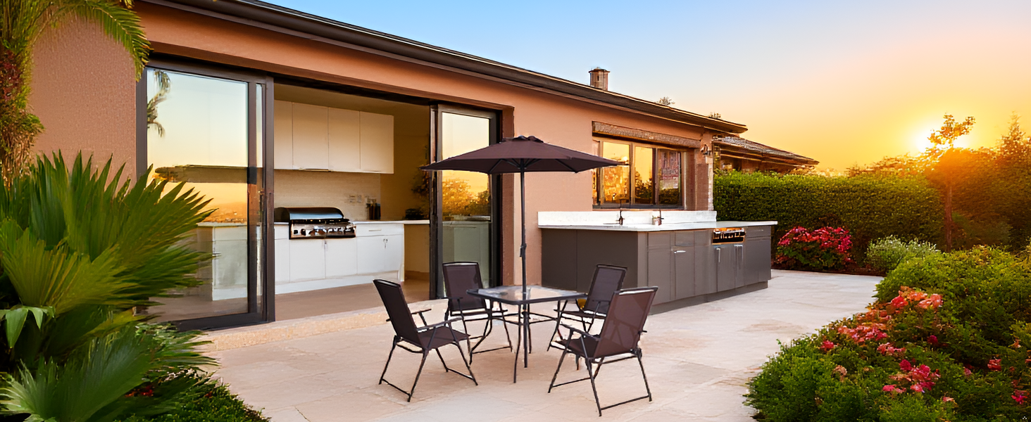 A compact outdoor balcony with wooden deck flooring, string lights overhead, and the product folded 