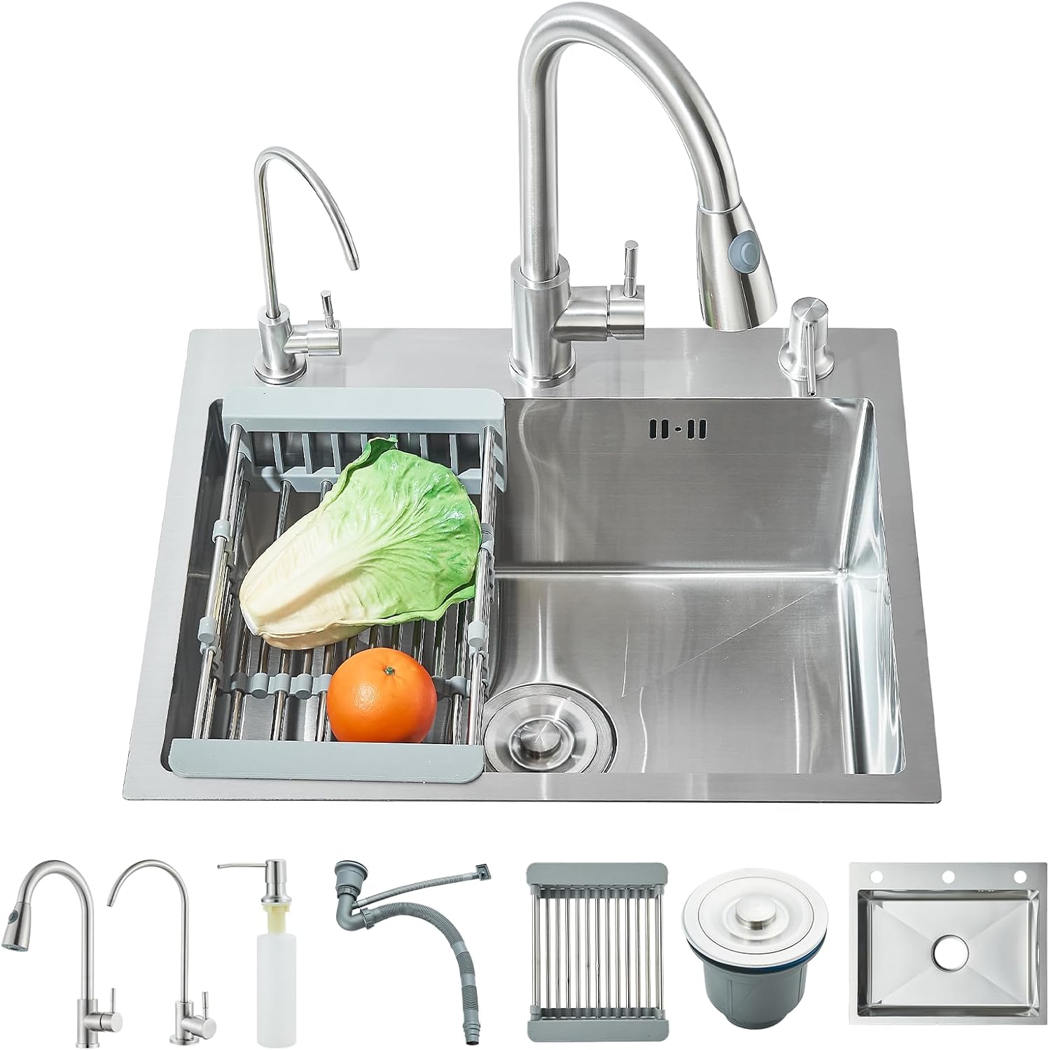 Tarjas Para Cocina Acero Inoxidable Fregadero De Cocina con Extraíble Grifo Engrosado, Cocina Integral con Dispensador de jabón Colador de Drenaje y Accesorios (Tamaño : 60x46cm)