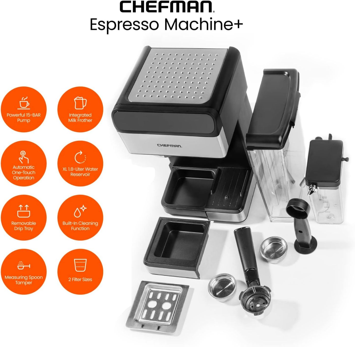 Chefman - Máquina de café espresso , Prepare espresso, capuchinos, lattes y más con calidad de una cafetería, depósito de agua de 1,8 litros, acero inoxidable