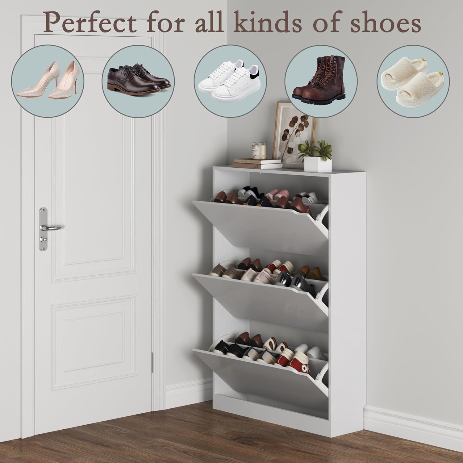 clóset de zapatos con 3 cajones abatibles, clóset de madera oculto, clóset de almacenamiento de zapatos no empotrado para entrada, pasillo, color blanco 47 pulgadas de alto x 31.5 pulgadas