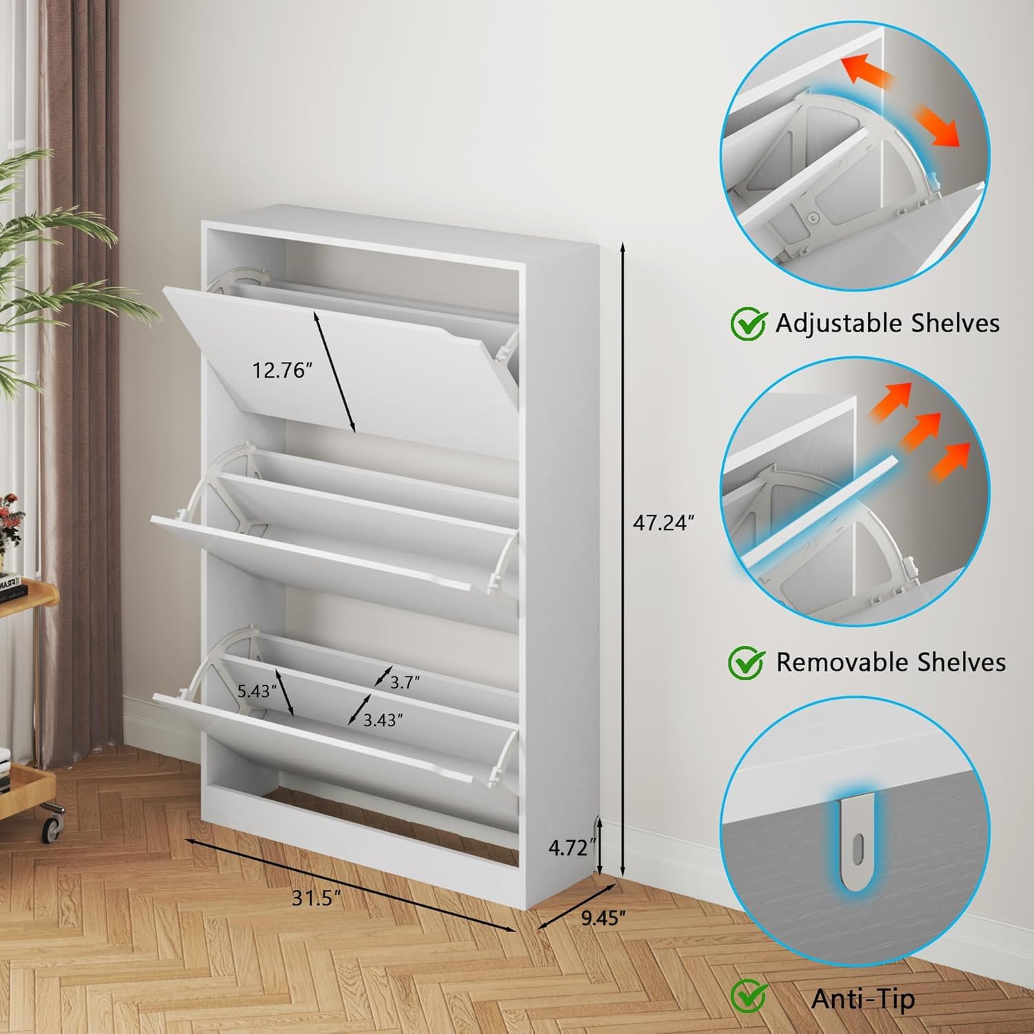 clóset de zapatos con 3 cajones abatibles, clóset de madera oculto, clóset de almacenamiento de zapatos no empotrado para entrada, pasillo, color blanco 47 pulgadas de alto x 31.5 pulgadas