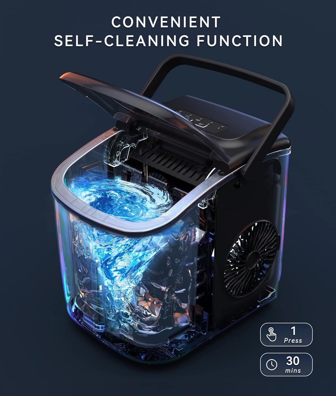 ecozy Maquina de Hielo - 9 Cubos de Hielo en 6 Minutos Ice Maker, Producción Diaria de 26 lbs, Autolimpieza con Bolsas de Hielo, Cuchara y Canasta para Cocina, Oficina, Bar, Fiesta - Negra