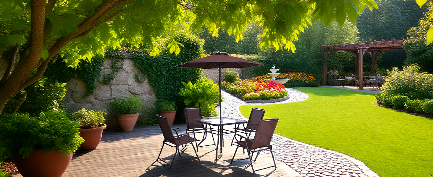 A lush backyard garden with trimmed hedges, a stone pathway, and soft natural light filtering throug