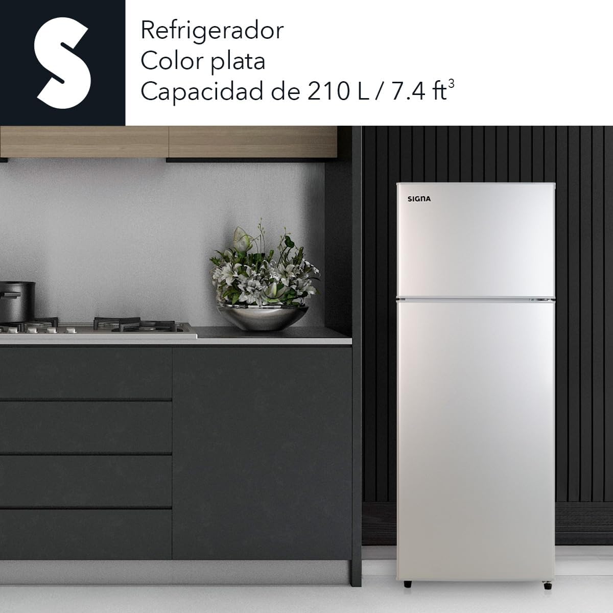 SIGNA Refrigerador 210L (7.4 pies cubicos) Frigobar Compacto Silver Refrigerador Con congelador de Acero Inoxidable Ideal Para Espacios Pequeños Frigobar Multifuncional (Plateado)