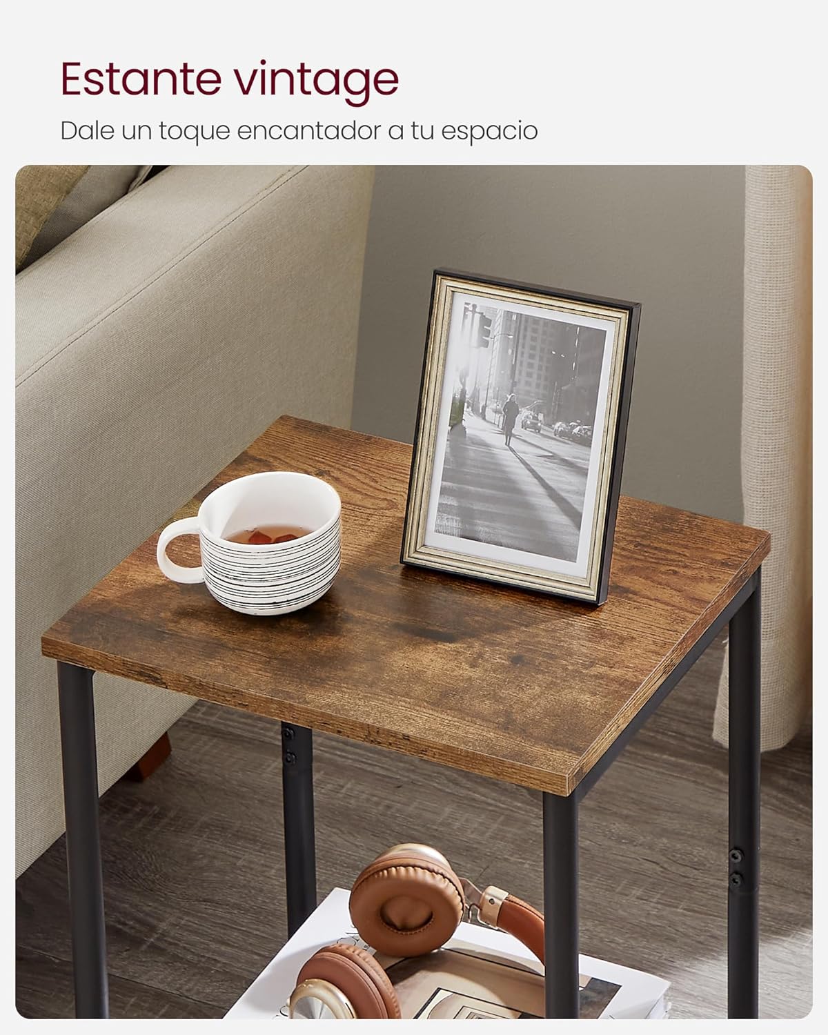 VASAGLE Mesas auxiliares, Juego de 2, Mesitas de Noche, con Estante de Almacenamiento, Marco de Acero, para Sala de Estar, Dormitorio, Estilo Industrial, Marrón Rústico y Negro MLET272B01