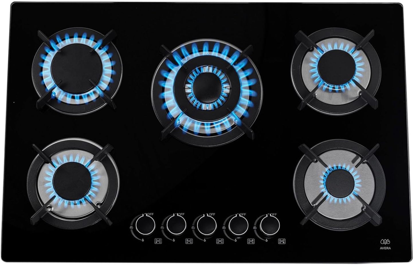 AVERA Parrilla de Gas Premium de 5 Quemadores, Vidrio Templado Negro 77cm (Incluye accesorios) Empotrable, Encendido Electronico, Perillas Metalicas, Estufa Empotrable, para Gas LP y Natural, VT5