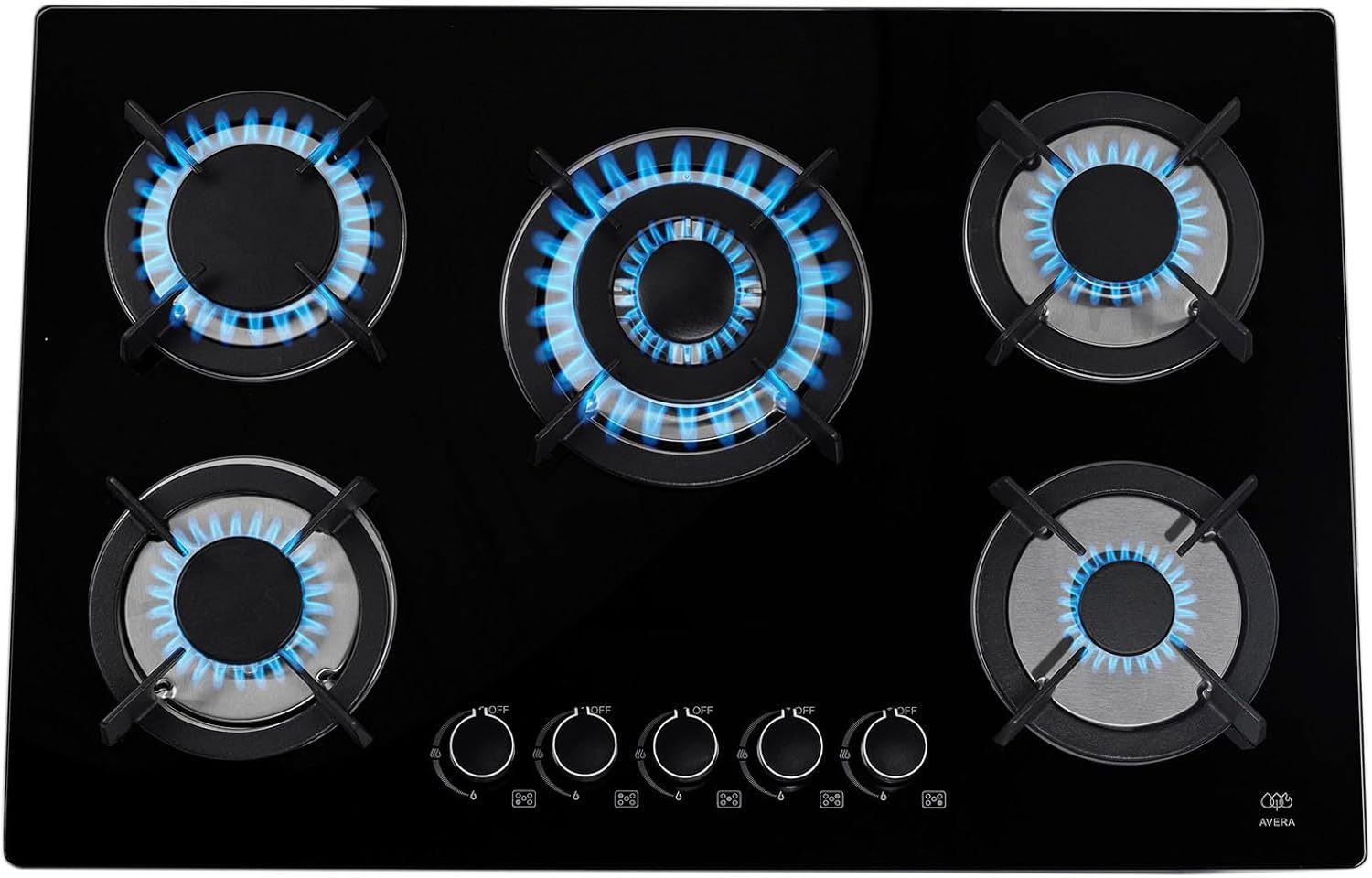 AVERA Parrilla de Gas Premium de 5 Quemadores, Vidrio Templado Negro 77cm (Incluye accesorios) Empotrable, Encendido Electronico, Perillas Metalicas, Estufa Empotrable, para Gas LP y Natural, VT5
