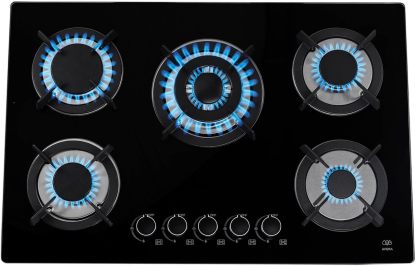 AVERA Parrilla de Gas Premium de 5 Quemadores, Vidrio Templado Negro 77cm (Incluye accesorios) Empotrable, Encendido Electronico, Perillas Metalicas, Estufa Empotrable, para Gas LP y Natural, VT5