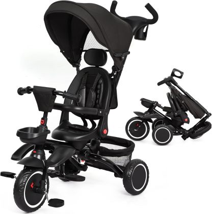Babevy - Triciclo para bebé, 7 en 1, Plegable con Mango de Empuje Ajustable extraíble, toldo, Asiento Giratorio, arnés de Seguridad, portavasos y Almacenamiento, Triciclo para niños de 1 a 5 años