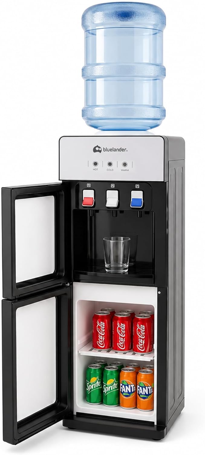 Bluelander Dispensador de Agua Garrafón 28 * 26 * 89 cm, 3 Ajustes de Temperatura (Fría, Caliente, Tibia), Despachador de Agua con Grifos Metálicos, Gabinete de Almacenamiento (Negro)