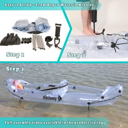 Clear Kayak - Tándem Inflable Transparente De 2 Plazas Para Dos Adultos - Estilo Translúcido - Set Completo Con Asientos Ajustables, Bomba, Remos, Bolsa De Transporte Y Aleta De Seguimiento