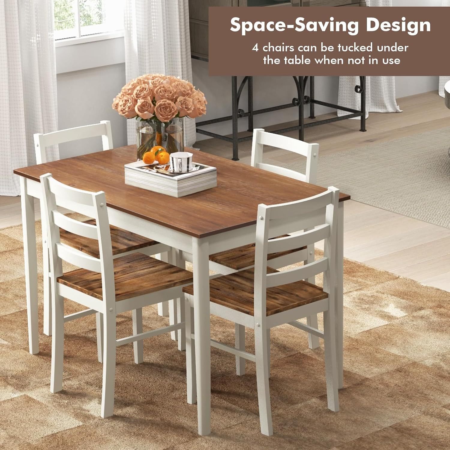 Giantex - Juego de mesa de comedor para 4, mesa rectangular de madera maciza y 4 sillas, juego de comedor de 5 piezas con patas de madera de goma, muebles de cocina que ahorran espacio para cocina,
