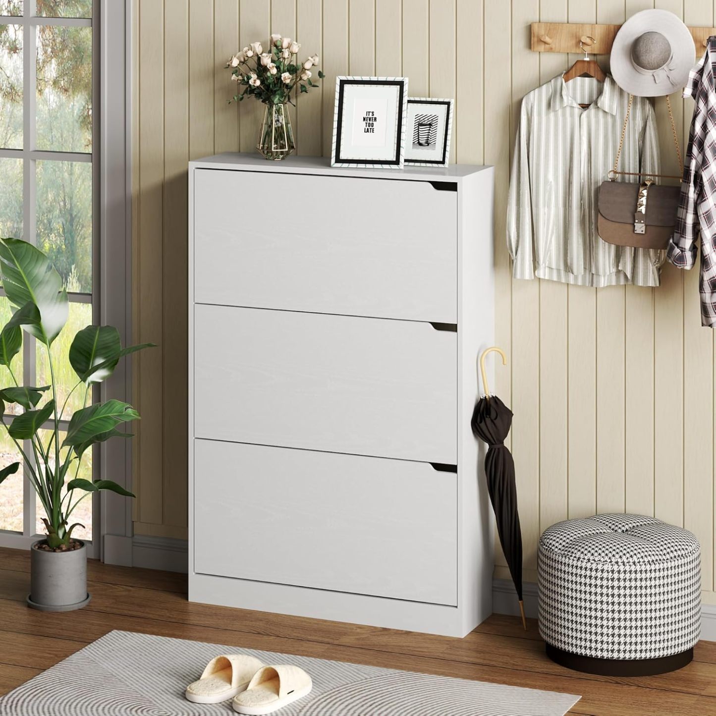 clóset de zapatos con 3 cajones abatibles, clóset de madera oculto, clóset de almacenamiento de zapatos no empotrado para entrada, pasillo, color blanco 47 pulgadas de alto x 31.5 pulgadas