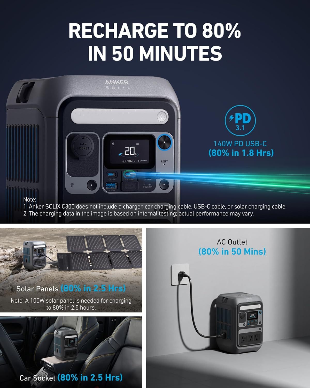 Anker - Estación de energía portátil SOLIX C300, batería LiFePO4 de 288 Wh, generador solar de 300 W (600 W), carga rápida bidireccional de 140 W, para acampar al aire última intervensión, viajes y