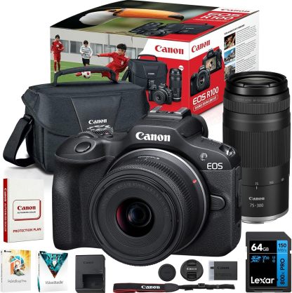 Canon EOS R100 - Kit de 2 lentes con doble zoom para cÃ¡mara RF-S de 18-45 mm + lentes RF de 75-300 mm 6052C111 paquete con kit de fotos Deco que incluye tarjeta de memoria Lexar Premium PRO Series