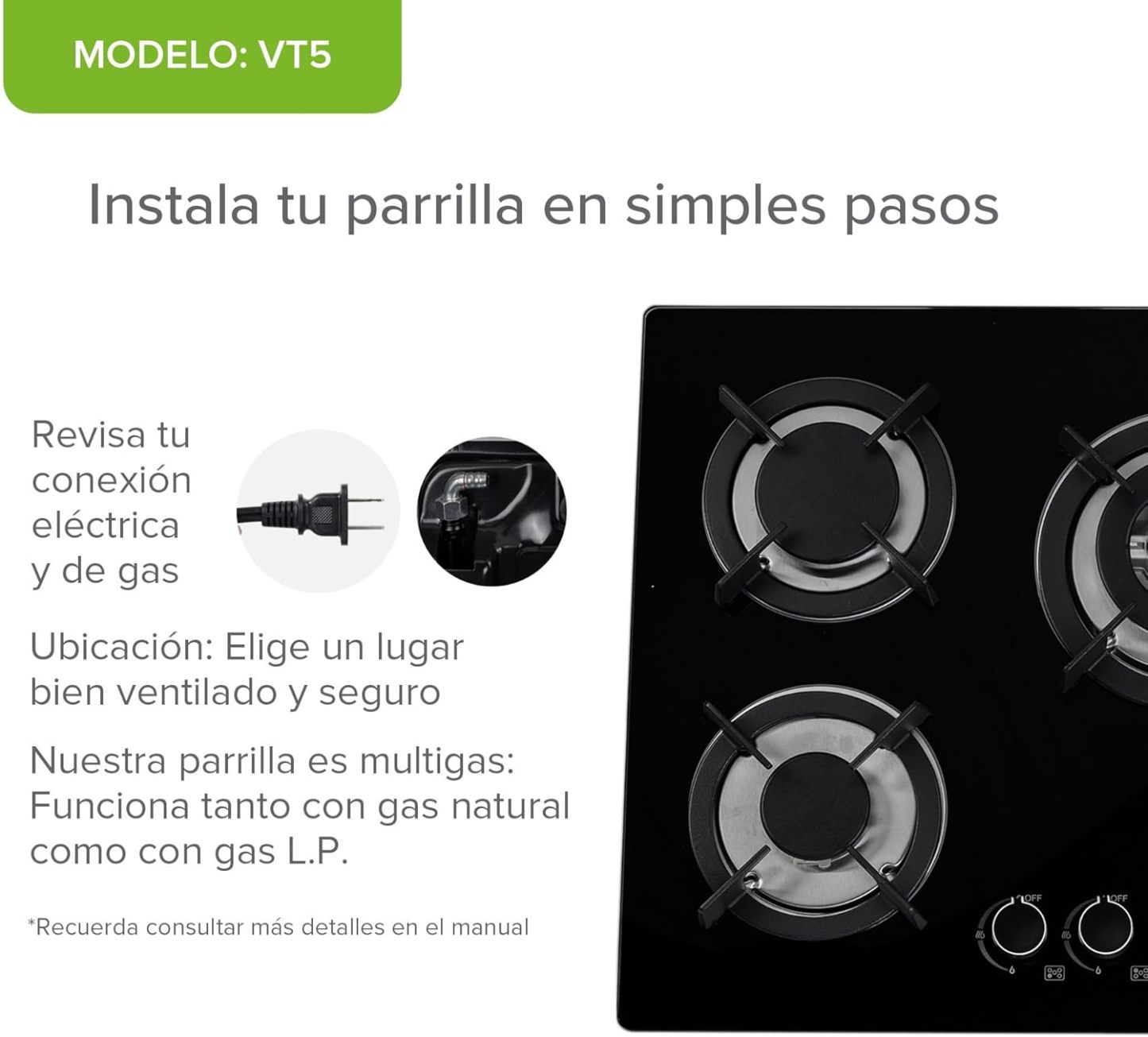 AVERA Parrilla de Gas Premium de 5 Quemadores, Vidrio Templado Negro 77cm (Incluye accesorios) Empotrable, Encendido Electronico, Perillas Metalicas, Estufa Empotrable, para Gas LP y Natural, VT5