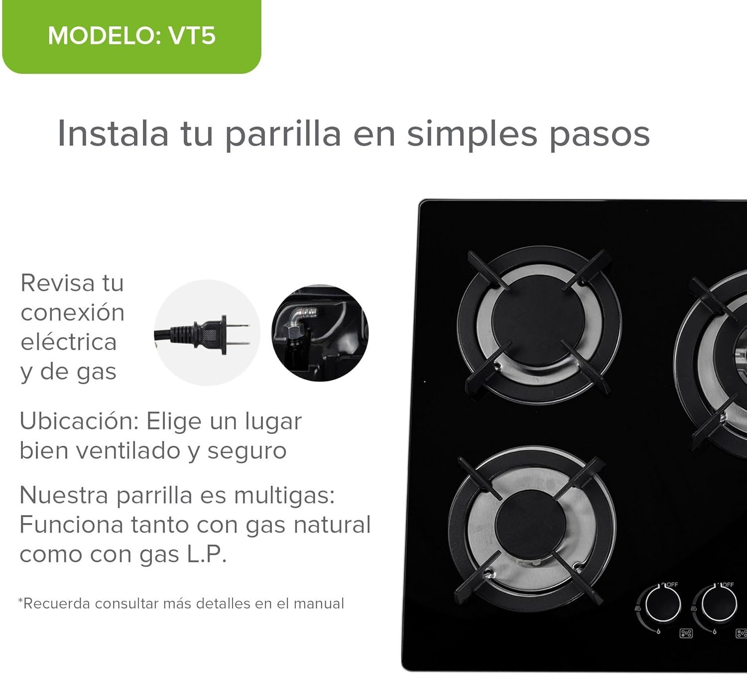 AVERA Parrilla de Gas Premium de 5 Quemadores, Vidrio Templado Negro 77cm (Incluye accesorios) Empotrable, Encendido Electronico, Perillas Metalicas, Estufa Empotrable, para Gas LP y Natural, VT5