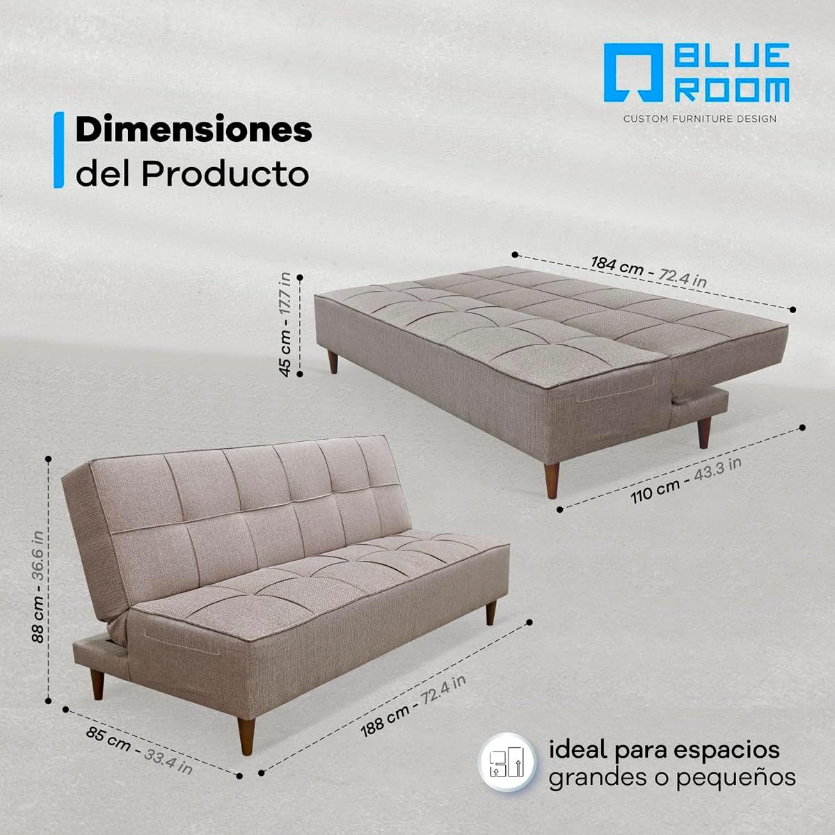 Blue Room Sofá Cama Matrimonial o Futón Reclinable Respaldo Abatible Color Beige Diseño Moderno Patas de Madera 188x88x80