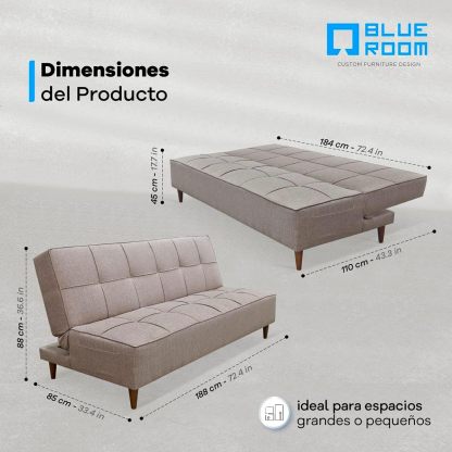 Blue Room Sofá Cama Matrimonial o Futón Reclinable Respaldo Abatible Color Beige Diseño Moderno Patas de Madera 188x88x80
