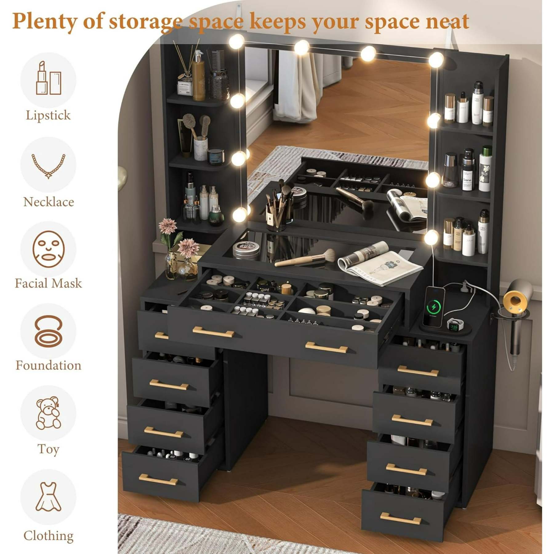 Tocador negro con espejo y luces LED, tocador con tapa de cristal con estación de carga y cajones de almacenamiento con compartimentos, mesa de tocador de maquillaje grande de 43 pulgadas con 9 cajones y 6 estantes