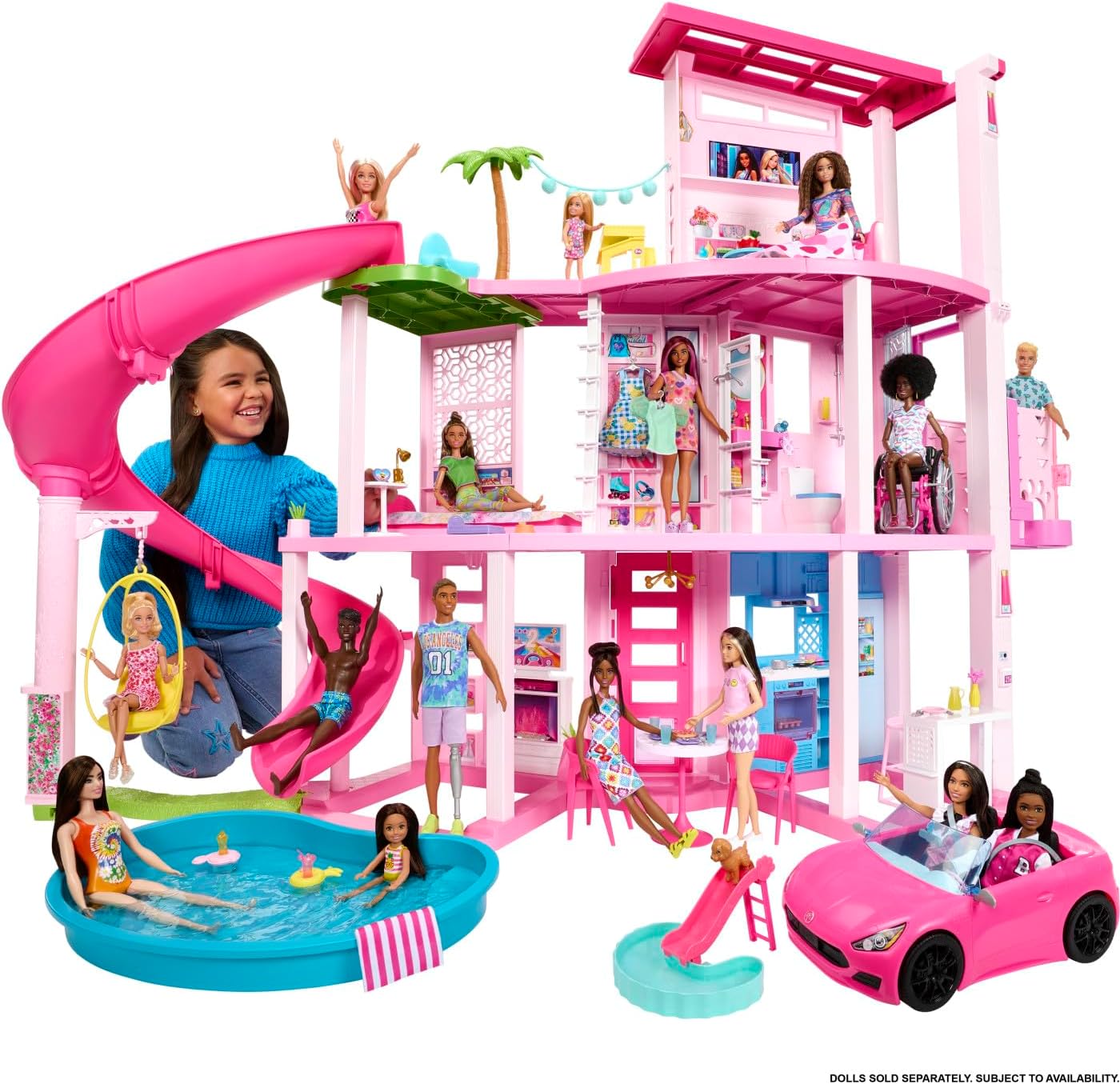 Barbie, Casa de Muñecas, Nueva Casa de los Sueños, para Niñas de 3 Años en Adelante, Mattel, Incluye tobogán y diseño en Espiral de Tres Pisos, Espacios 360° para un Juego más Realista