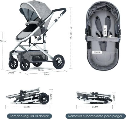 NOVANGUA Carriola para Bebé con Diseño de Amplia Vista, Llantas de Caucho a Prueba de Explosiones, Sistema de Amortiguadores Atenuantes, Asiento con Dirección Ajustable, Reclinable Multi Posición, Toldo Protector Solar, Ventana de Ventilación, Estructura