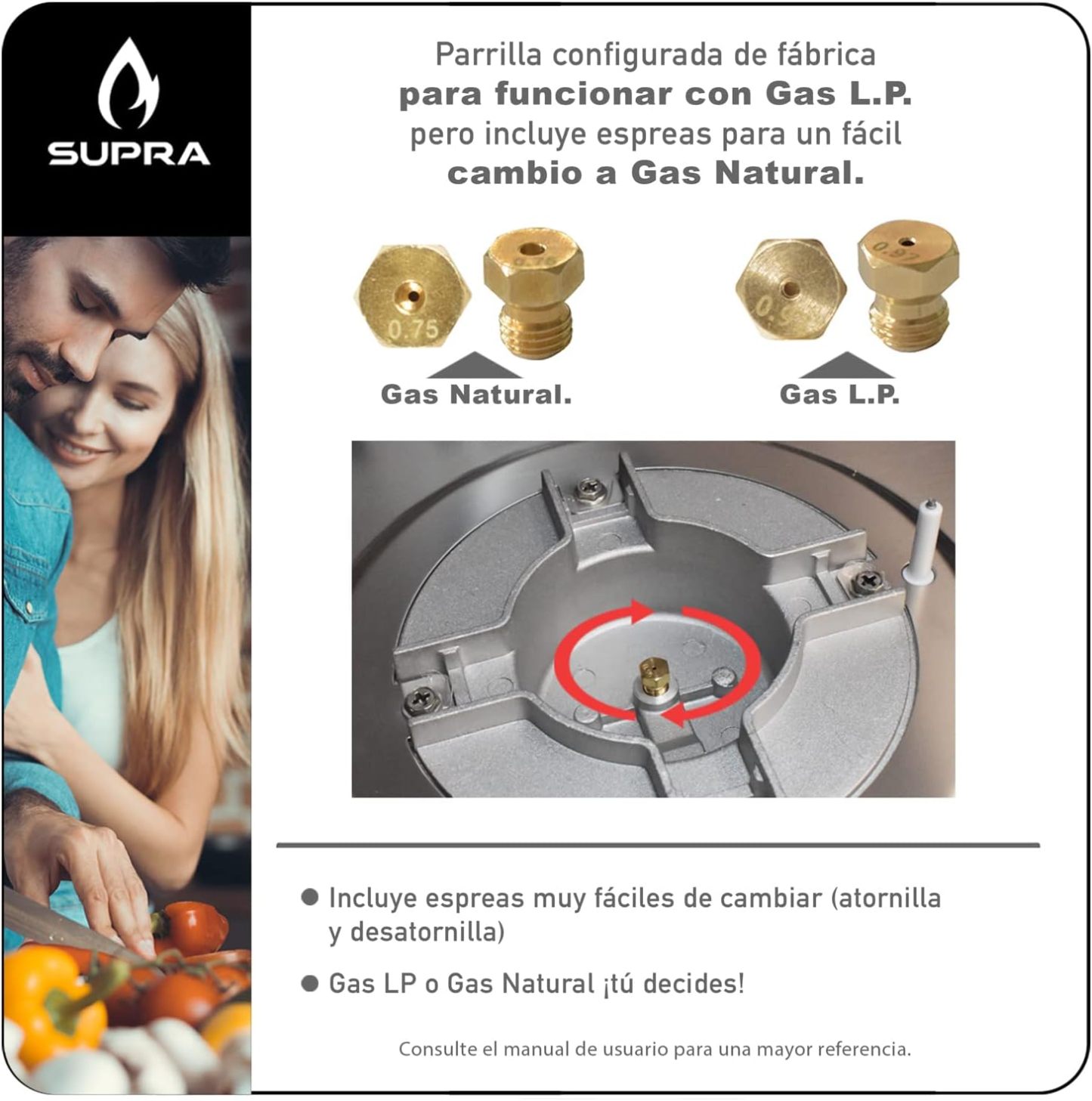 SUPRA Parrilla a Gas de 5 Quemadores Empotrable - 87 cm, Modelo 5Q-EB-87