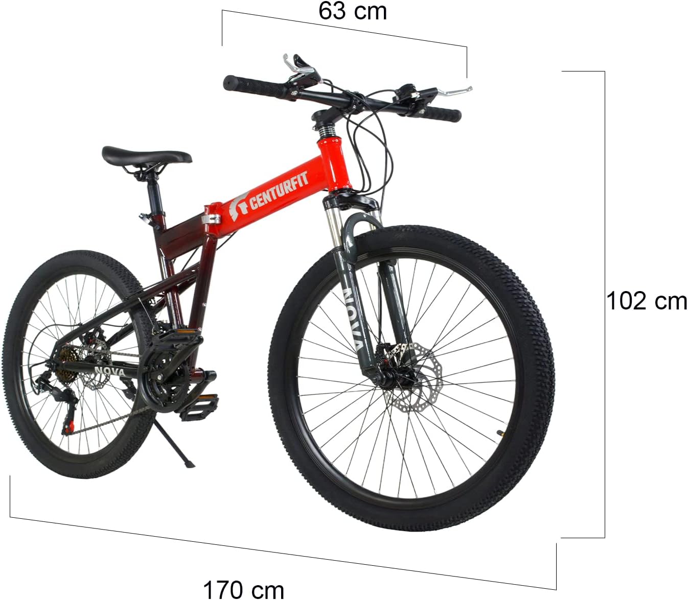 CENTURFIT Bicicleta de Montaña Rodada 26 con 21 Velocidades Frenos de Disco en Las 2 Llantas Plegable Manubrio Plegable Amortiguadores Soporta hasta 120 Kg Bici de Montaña para Hombre Mujer Roja