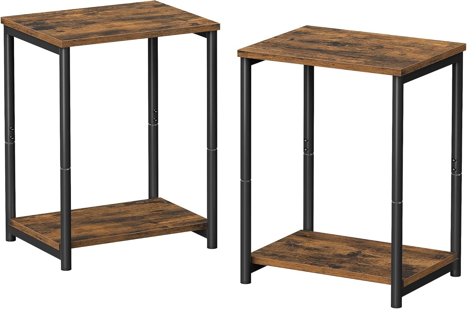 VASAGLE Mesas auxiliares, Juego de 2, Mesitas de Noche, con Estante de Almacenamiento, Marco de Acero, para Sala de Estar, Dormitorio, Estilo Industrial, Marrón Rústico y Negro MLET272B01