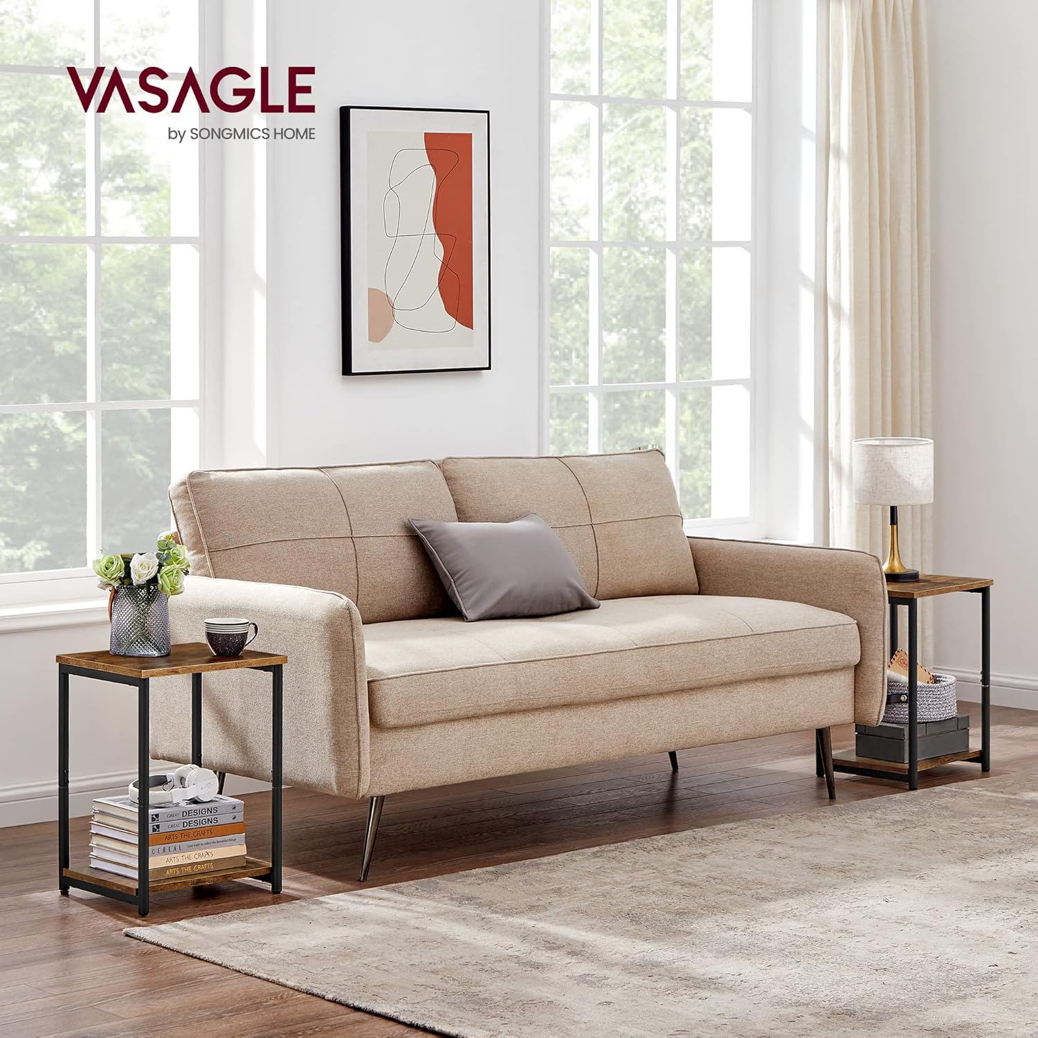 VASAGLE Mesas auxiliares, Juego de 2, Mesitas de Noche, con Estante de Almacenamiento, Marco de Acero, para Sala de Estar, Dormitorio, Estilo Industrial, Marrón Rústico y Negro MLET272B01